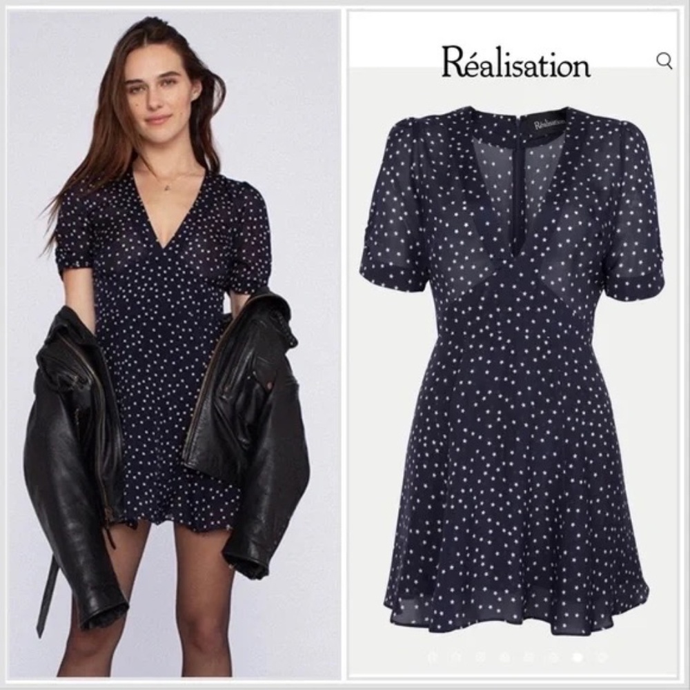 Realisation Par Ozzie 100% Silk Star Print Patriotic Mini Dress Navy S